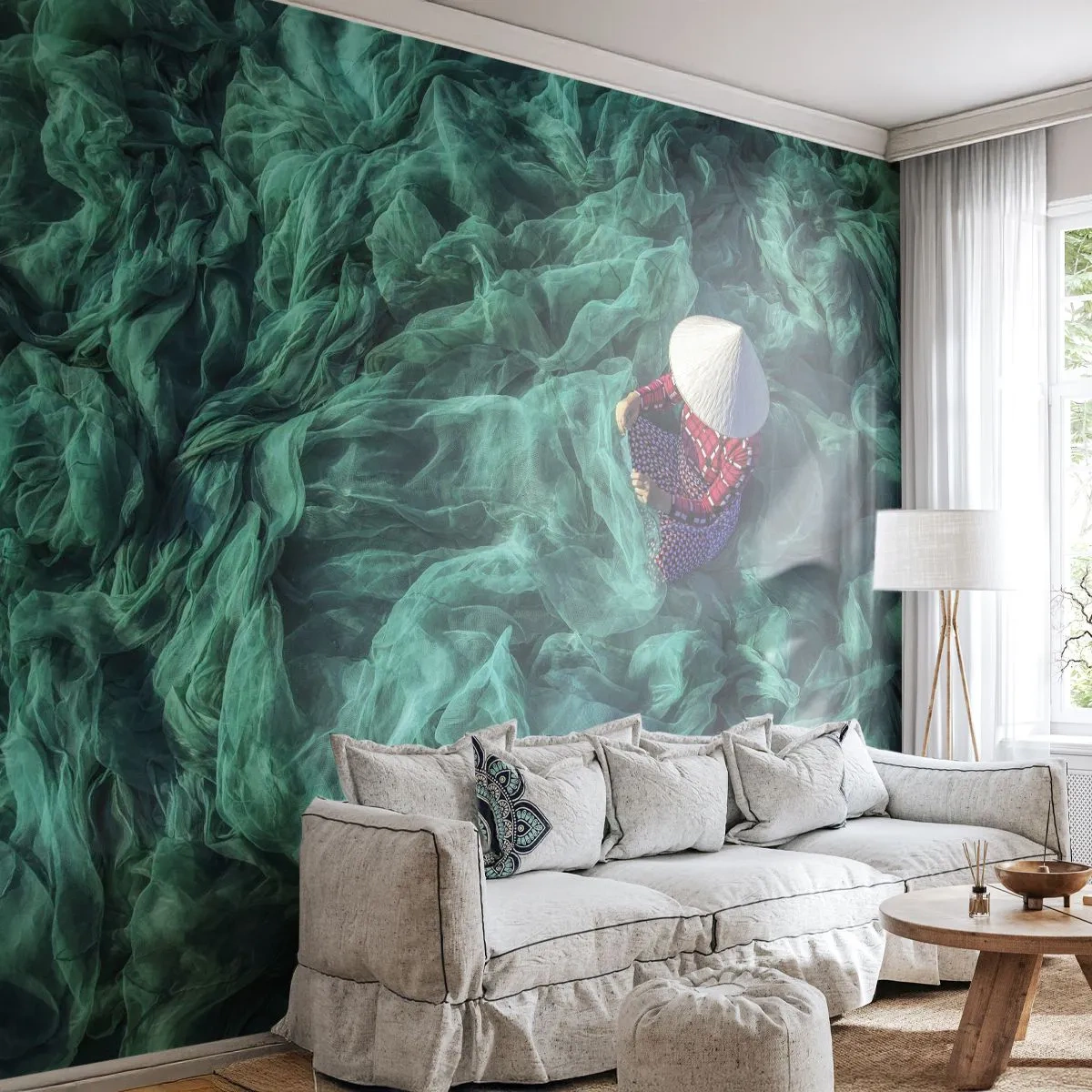 Custom Self-Adhesive Wallpaper Deluxe Sticker - In the Sea of Nets - Fishing net, Woman, Vietnam