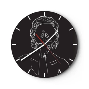 Wall clock - Clock on glass - A white outline of a woman with her finger to her mouth on a black background. - 30x30cm - Beauty Blossoms in Soul - Modern wall decoration for the living room, kitchen, and bedroom ARTTOR