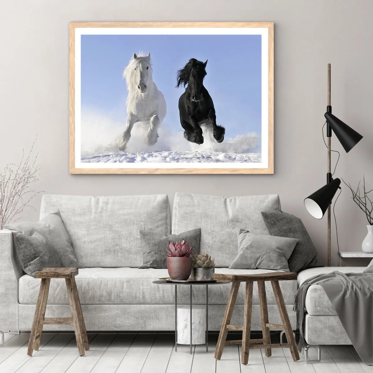 Poster in light oak frame - Black and White Gallop - 91x61 cm