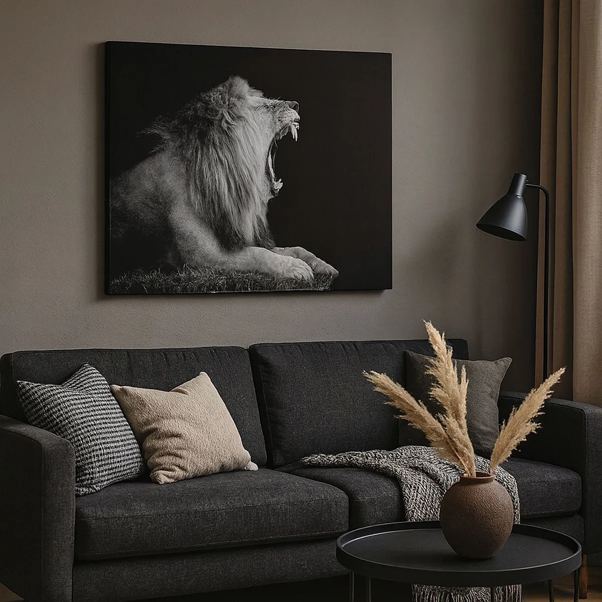 Canvas picture - A roaring lion on a black background in black and white tones - 70x50cm - Without Any Doubt - Modern wall decoration for the living room and bedroom ARTTOR