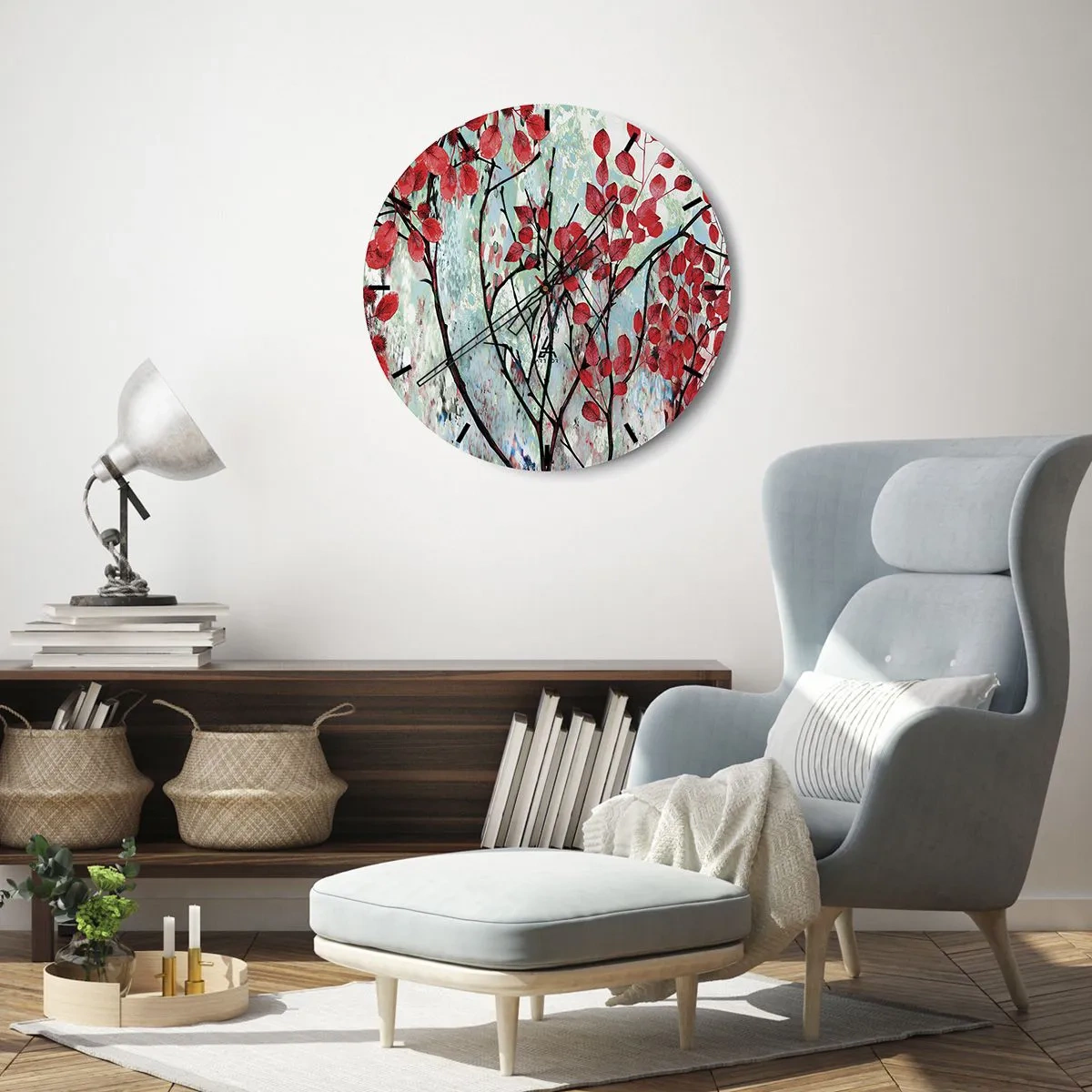 Wall clock - Clock on glass - Branches with red leaves on a painted background - 30x30cm - Tree in Scarlet - Modern wall decoration for the living room, kitchen, and bedroom ARTTOR