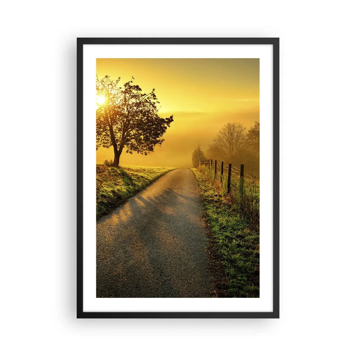 Poster in black frame - A road among the fields at sunrise - 50x70cm - Honey Afternoon - Modern wall decoration for the living room and bedroom ARTTOR