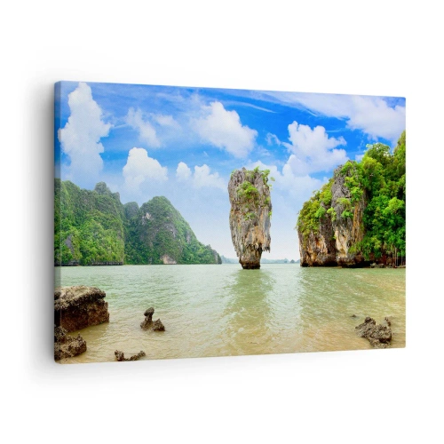 Canvas picture - An exotic rock formation surrounded by water and greenery under a blue sky. - 70x50cm - Rocky Oddities of Nature - Modern wall decoration for the living room and bedroom ARTTOR