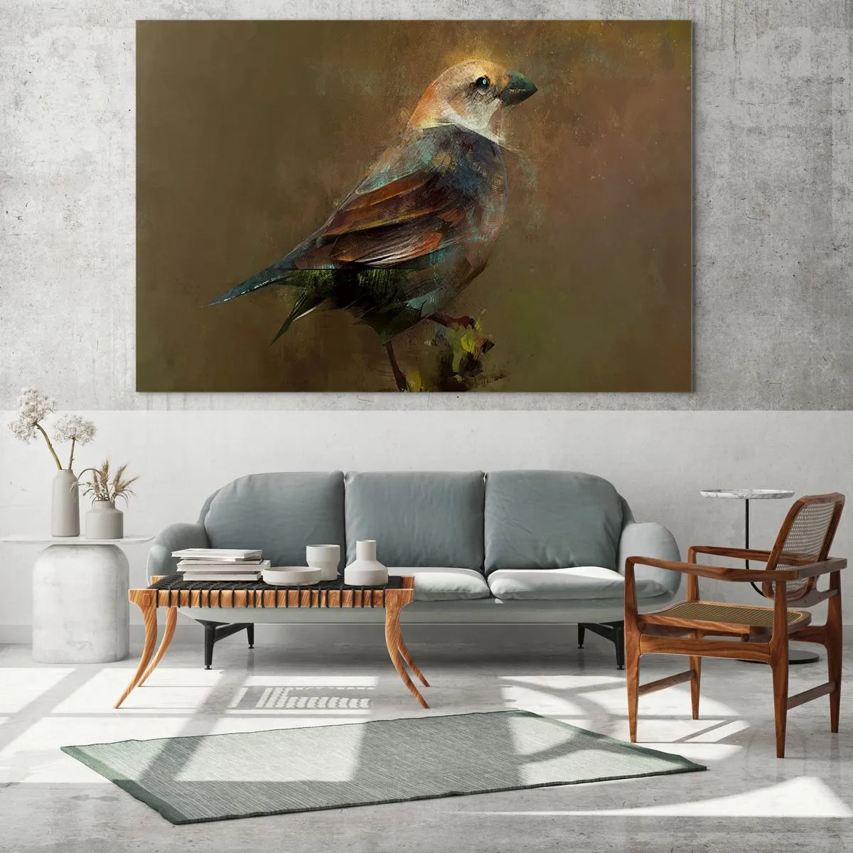 Glass picture - A sparrow in an artistic, painterly style against a neutral background - 70x50cm - Sparrow, a Little Birdy - Modern wall decoration for the living room and bedroom ARTTOR