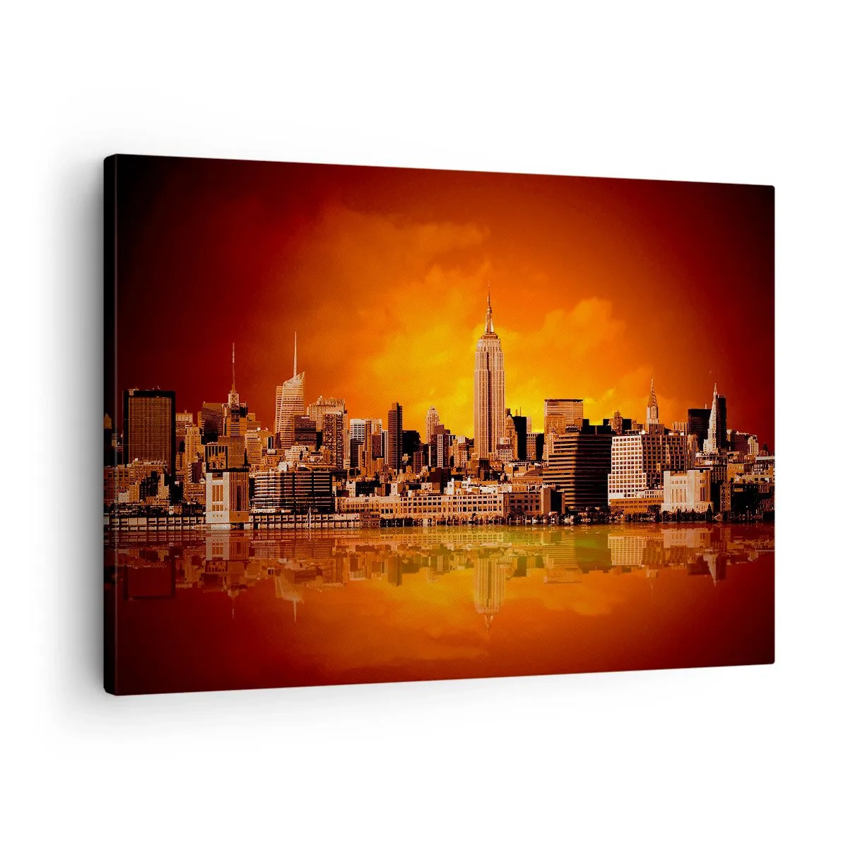 Canvas picture - Panorama of the city at sunset with buildings reflected in the water - 70x50cm - Big City Panorama in Brown and Yellow - Modern wall decoration for the living room and bedroom ARTTOR