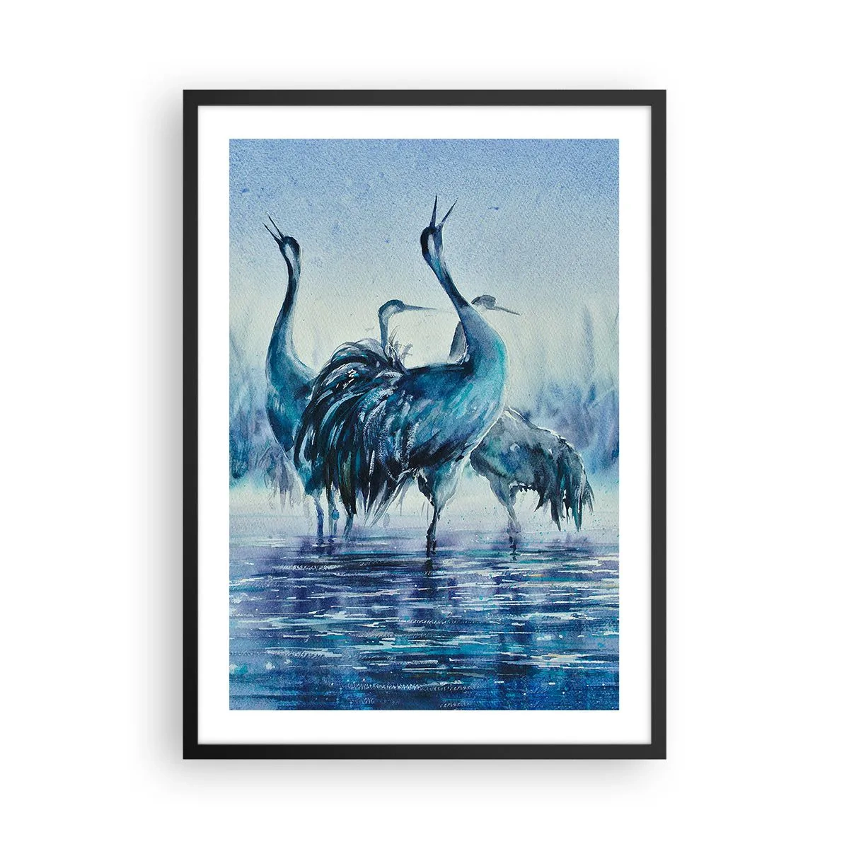 Poster in black frame - An atmospheric image of cranes in a blue waterscape - 50x70cm - Morning Encounter - Modern wall decoration for the living room and bedroom ARTTOR