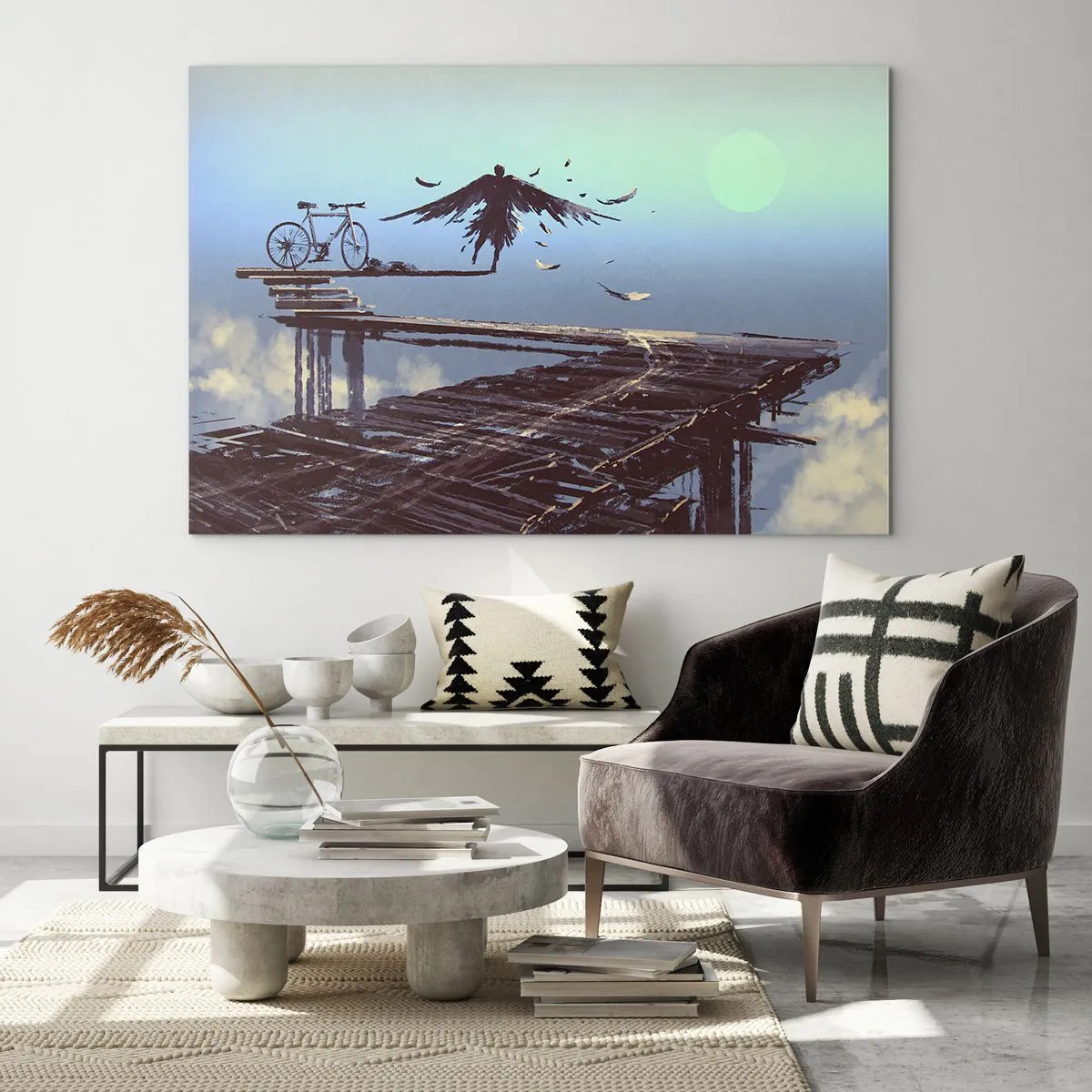 Glass picture - A figure with a bicycle on a wooden bridge above the clouds - 70x50cm - Icarus Alive - Modern wall decoration for the living room and bedroom ARTTOR