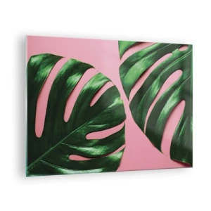 Glass picture - Green monstera leaves on a pink background - 70x50cm - Green Rendezvous - Modern wall decoration for the living room and bedroom ARTTOR
