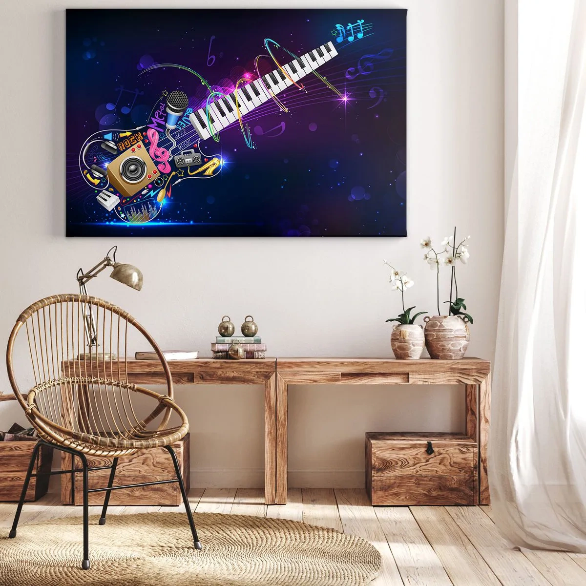 Canvas picture - A colorful guitar with a keyboard and a microphone on a dark background. - 70x50cm - All Is Well - Modern wall decoration for the living room and bedroom ARTTOR