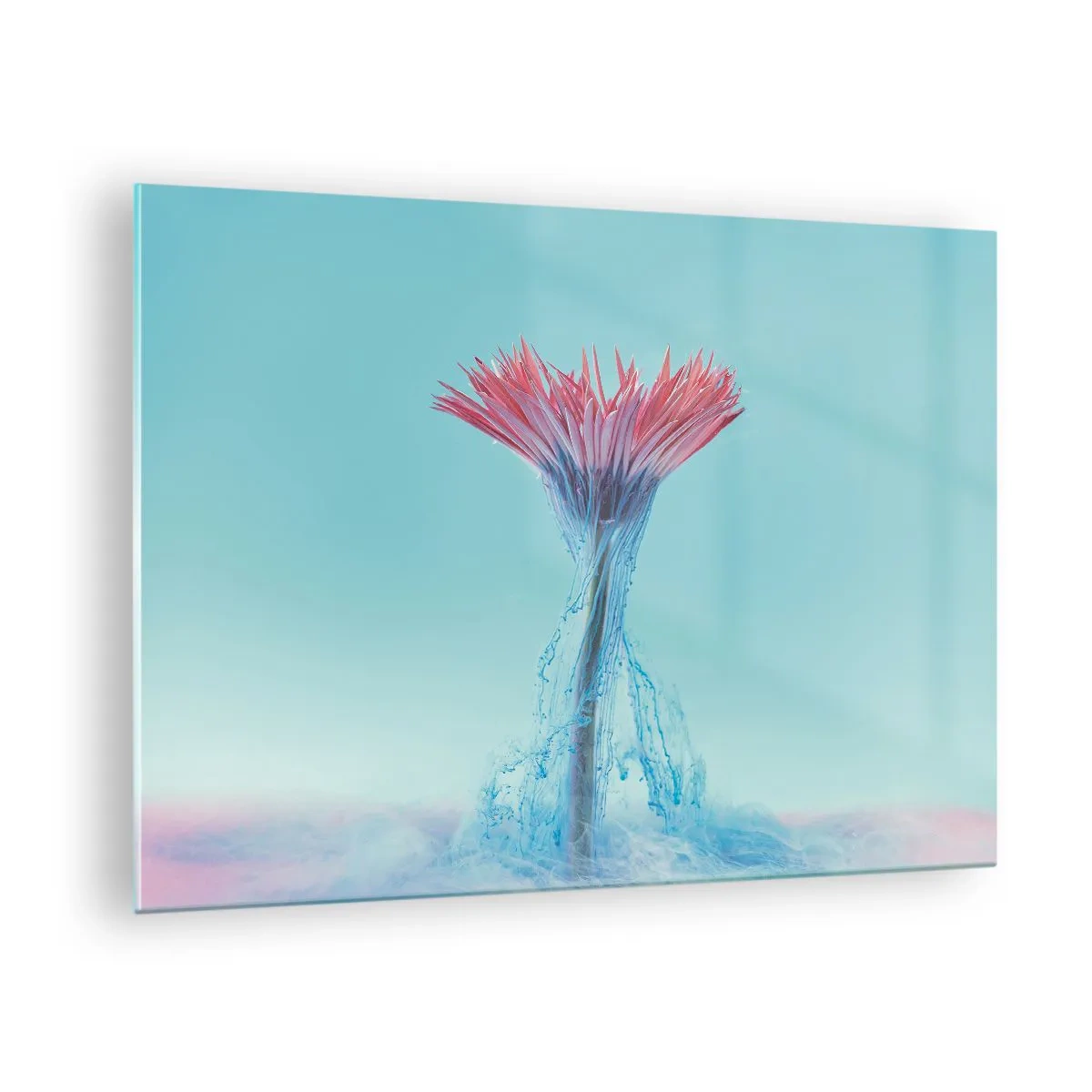 Glass picture - A fanciful flower immersed in a blue and pink haze - 70x50cm - In a Lively Embrace - Modern wall decoration for the living room and bedroom ARTTOR