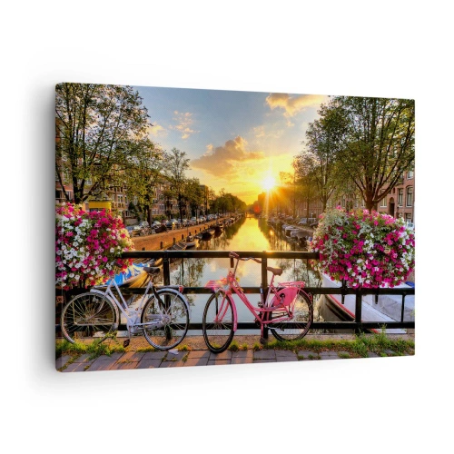 Canvas picture - Bicycles on a bridge in the glow of the setting sun - 70x50cm - Spring Morning in Amsterdam - Modern wall decoration for the living room and bedroom ARTTOR