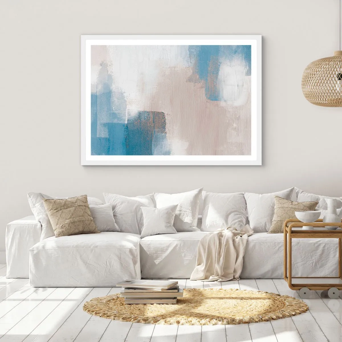 Poster in white frmae - Pink Abstract with a Blue Curtain - 100x70 cm