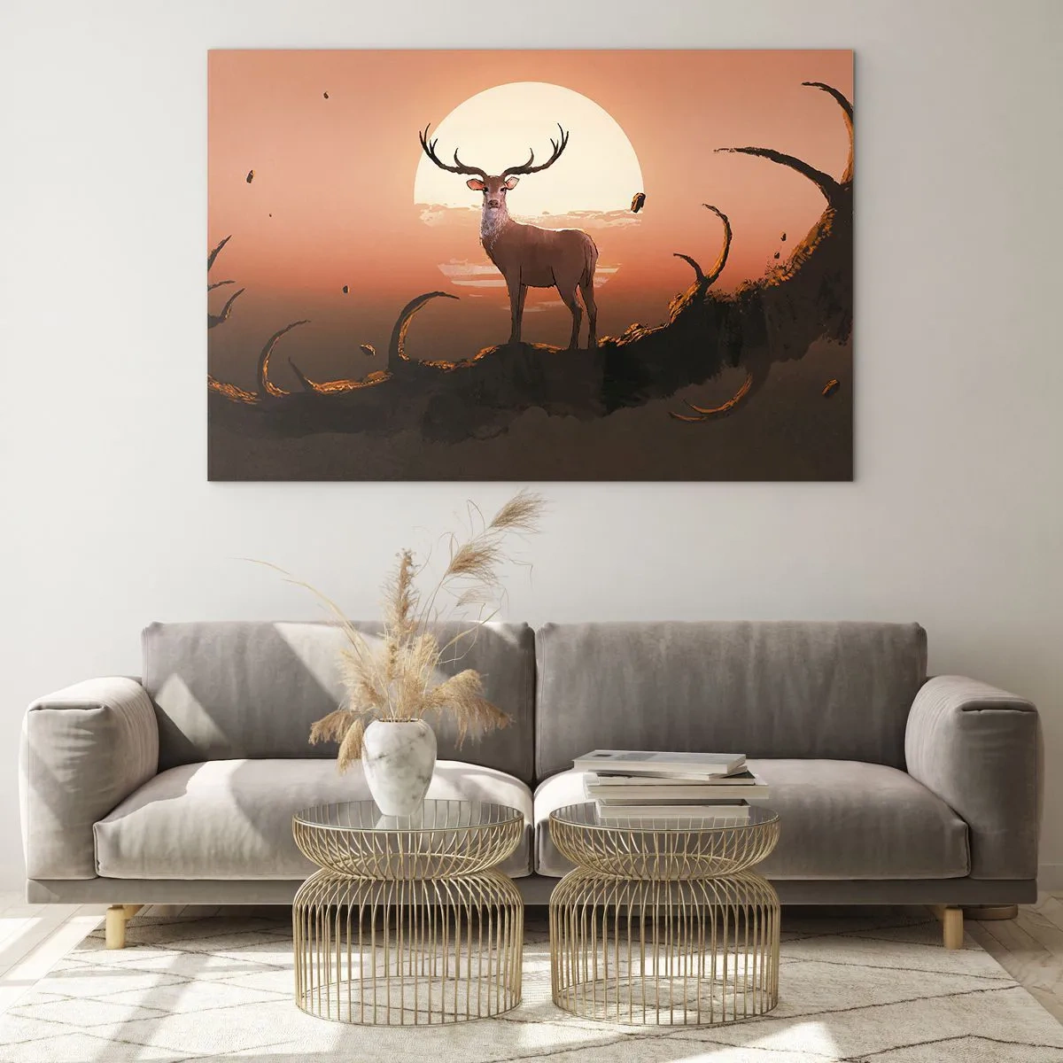 Glass picture - Silhouette of a deer against the backdrop of a large moon surrounded by branches - 70x50cm - This Night Is Like No Other - Modern wall decoration for the living room and bedroom ARTTOR