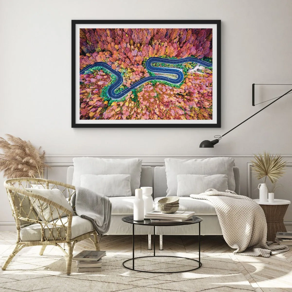 Poster in black frame - Winding Path through a Forest - 100x70 cm