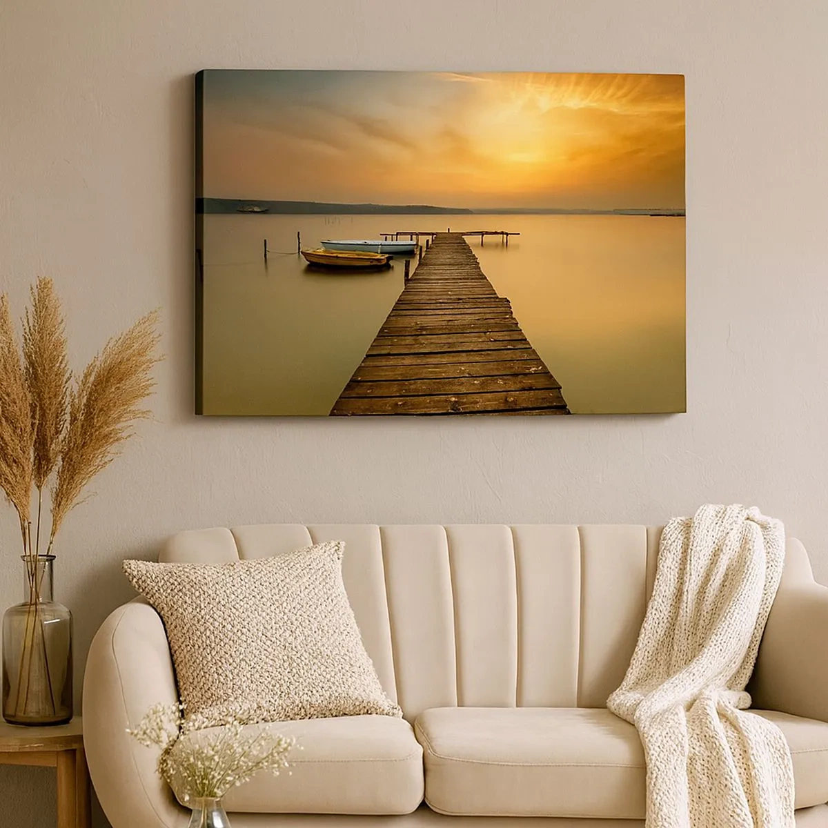 Canvas picture - Wooden jetty and boats on the lake at sunset - 70x50cm - I Will Open up Golden Sky before You - Modern wall decoration for the living room and bedroom ARTTOR