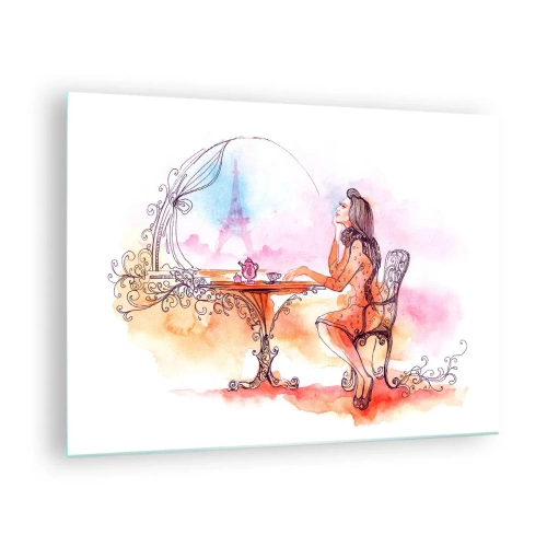 Glass picture - A woman at a table with a view of the Eiffel Tower in pastel tones - 70x50cm - Parisian Chic - Modern wall decoration for the living room and bedroom ARTTOR