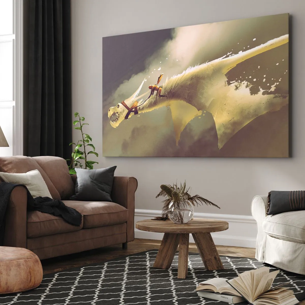 Canvas picture - Illustration of a dragon rider in a fantasy cloudscape - 70x50cm - To the Rescue of the World - Modern wall decoration for the living room and bedroom ARTTOR
