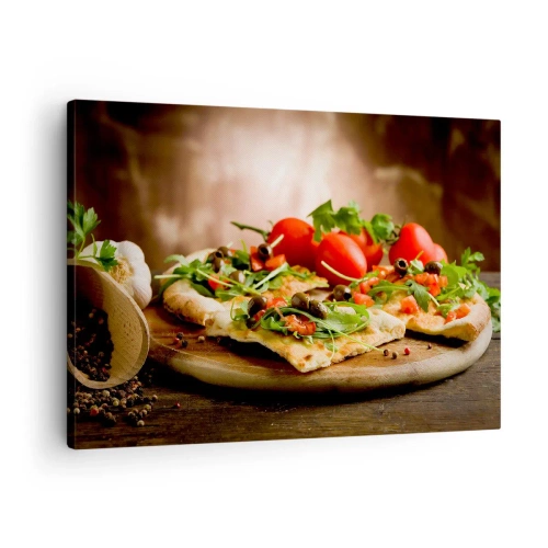 Canvas picture - Pizza with vegetables on a wooden board in a rustic style - 70x50cm - Straight from the Oven and Garden - Modern wall decoration for the living room and bedroom ARTTOR