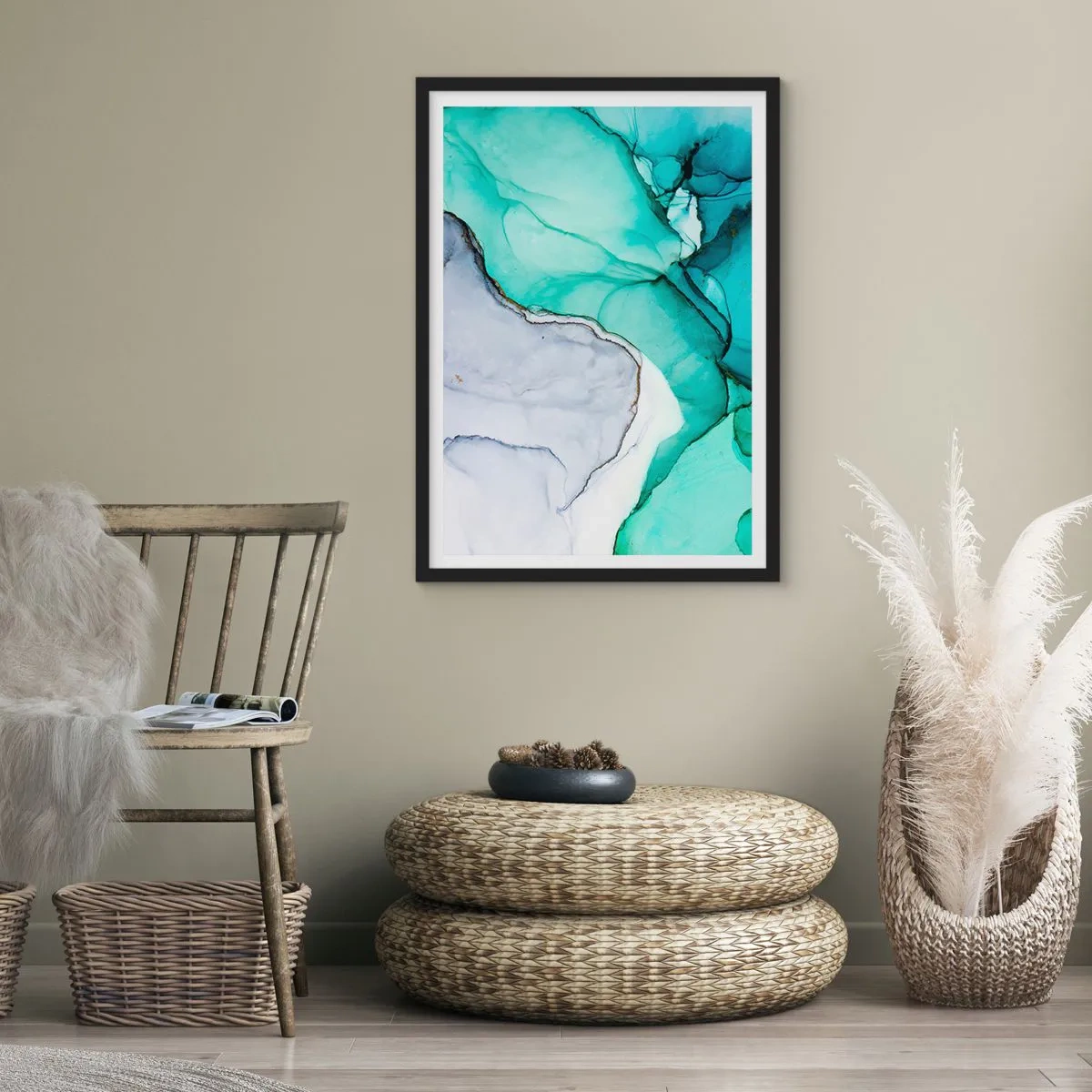 Poster in black frame - An abstract pattern in shades of turquoise and gray, inspired by nature. - 50x70cm - Study in Turquoise - Modern wall decoration for the living room and bedroom ARTTOR