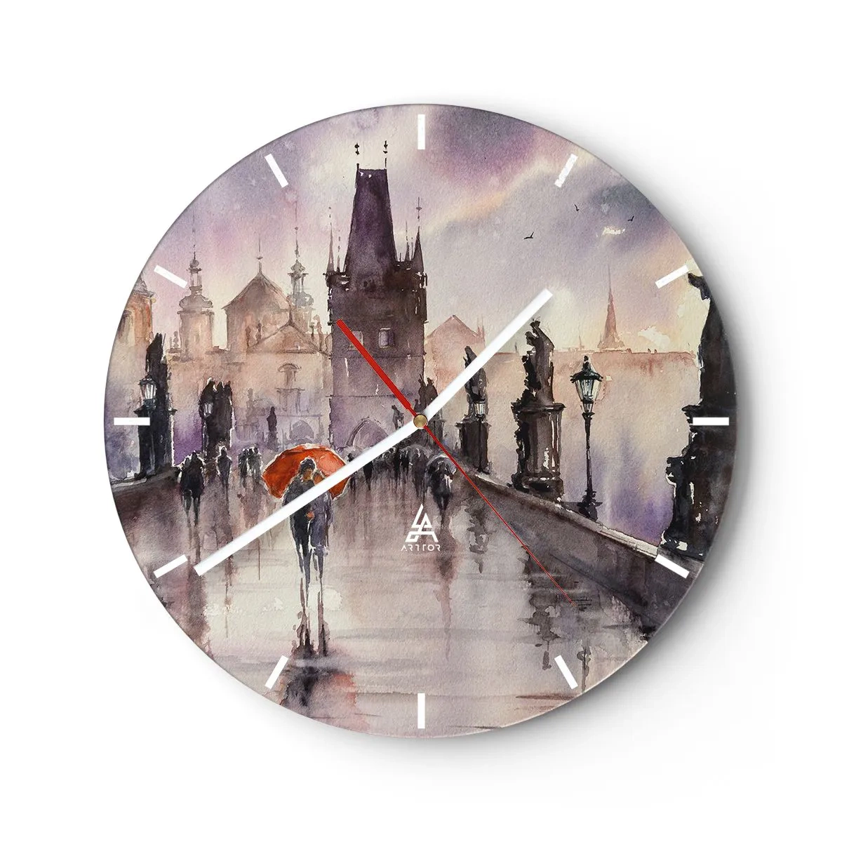 Wall clock - Clock on glass - Romantic scene on a bridge in the rain with an orange umbrella - 30x30cm - Peaople Don't Change - Modern wall decoration for the living room, kitchen, and bedroom ARTTOR
