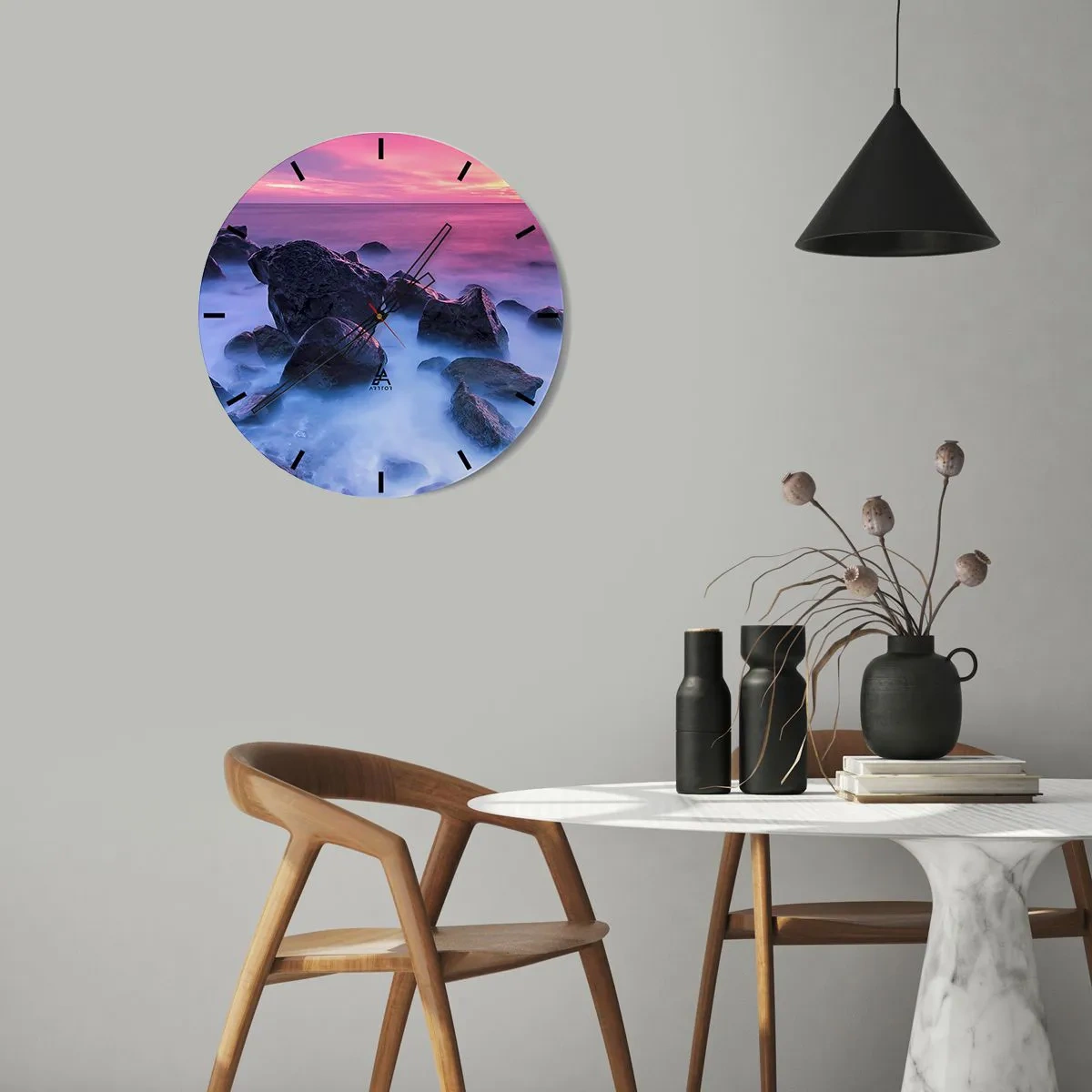 Wall clock - Clock on glass - Stones by the sea at sunset in pink tones - 30x30cm - Born in Light and Mist - Modern wall decoration for the living room, kitchen, and bedroom ARTTOR