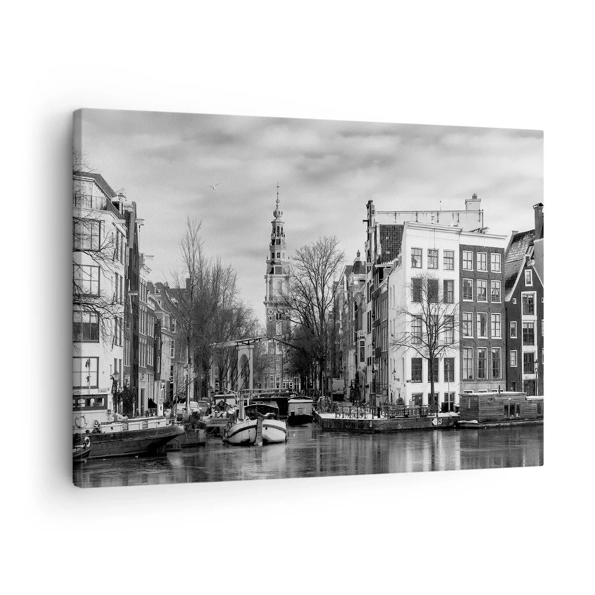 Canvas picture - Black and white panorama of Amsterdam with canal and historic buildings - 70x50cm - Amsterdam Atmosphere - Modern wall decoration for the living room and bedroom ARTTOR