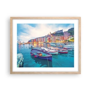 Poster in light oak frame - Colourful Evening in a Port - 50x40 cm