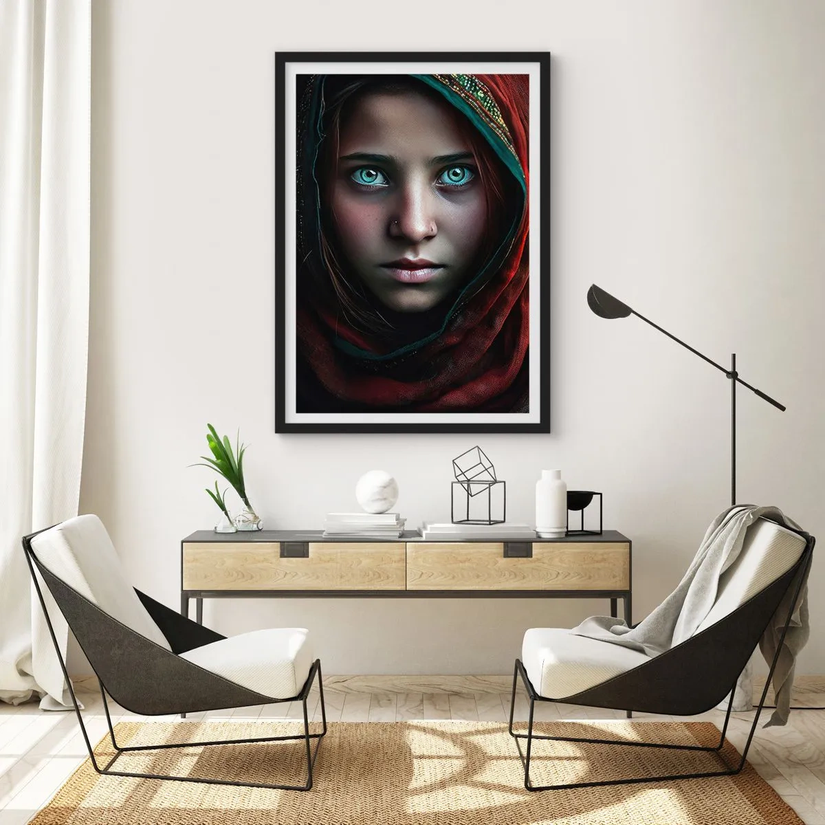 Poster in black frame - Portrait of a girl in a red shawl with hypnotizing eyes - 50x70cm - Eastern Princess - Modern wall decoration for the living room and bedroom ARTTOR