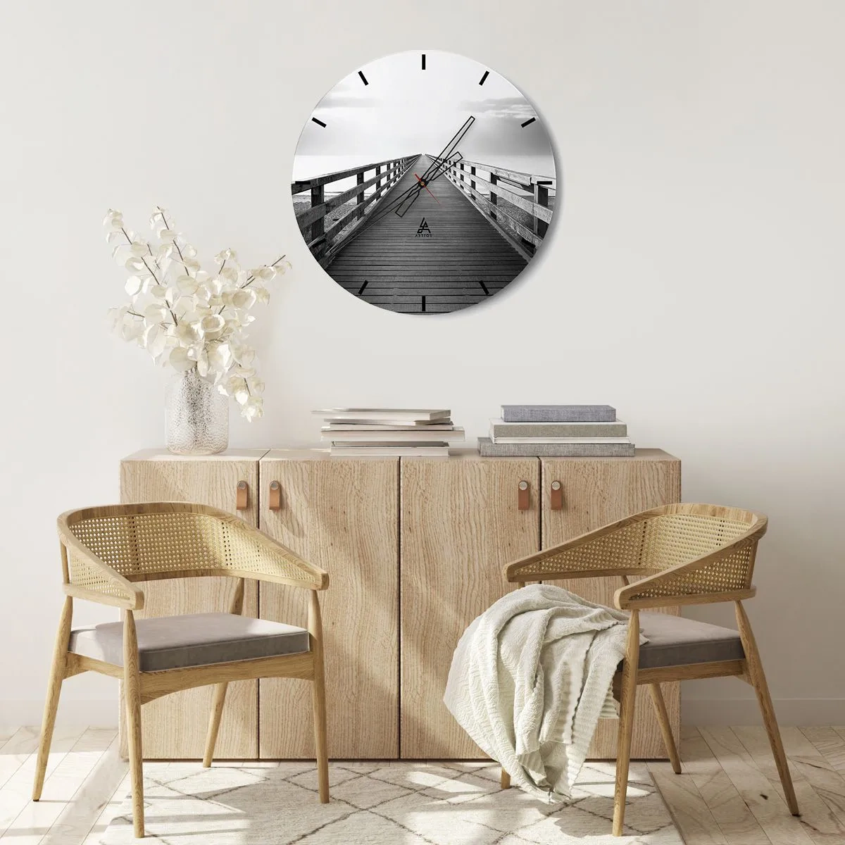 Wall clock - Clock on glass - A wooden bridge leading towards the horizon - 30x30cm - In the Distance… - Modern wall decoration for the living room, kitchen, and bedroom ARTTOR