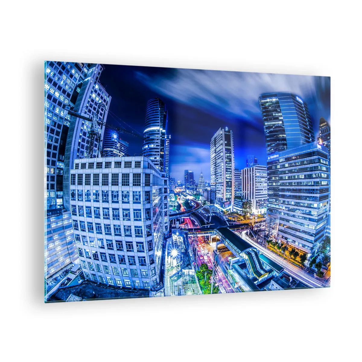 Glass picture - Panorama of a modern city at night with bright lights - 70x50cm - Rhythms of a City by Night - Modern wall decoration for the living room and bedroom ARTTOR