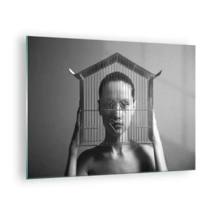 Glass picture - Woman with a house-shaped cage on her face in black and white - 70x50cm - A Bit Surrealistic Portrat - Modern wall decoration for the living room and bedroom ARTTOR