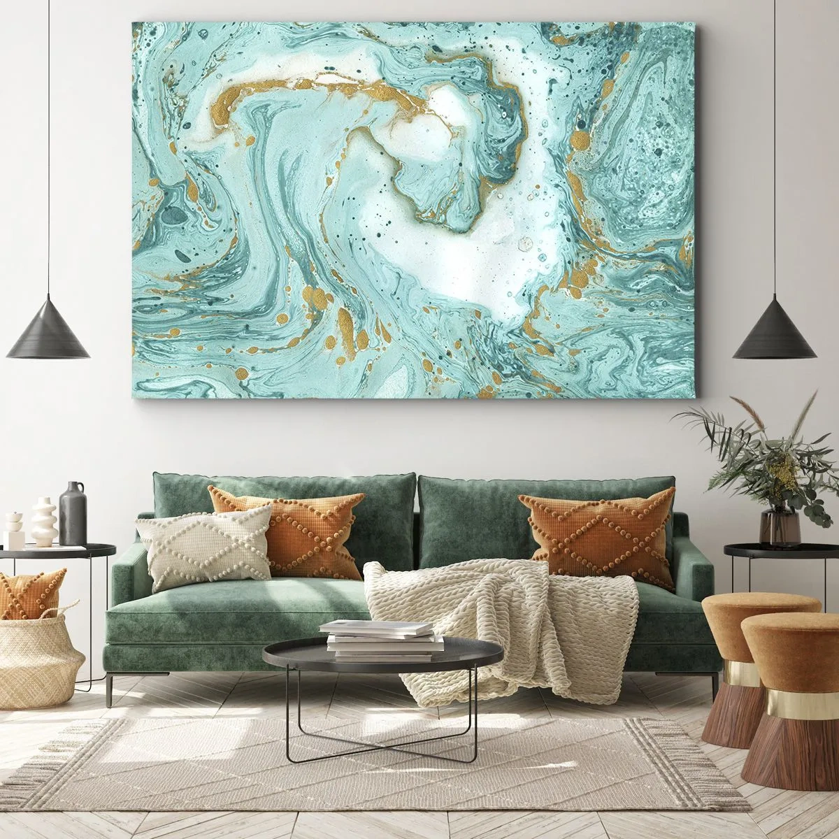 Canvas picture - Turquoise marble with gold accents in an abstract composition - 70x50cm - Under the Great Wave of the Edo Period - Modern wall decoration for the living room and bedroom ARTTOR