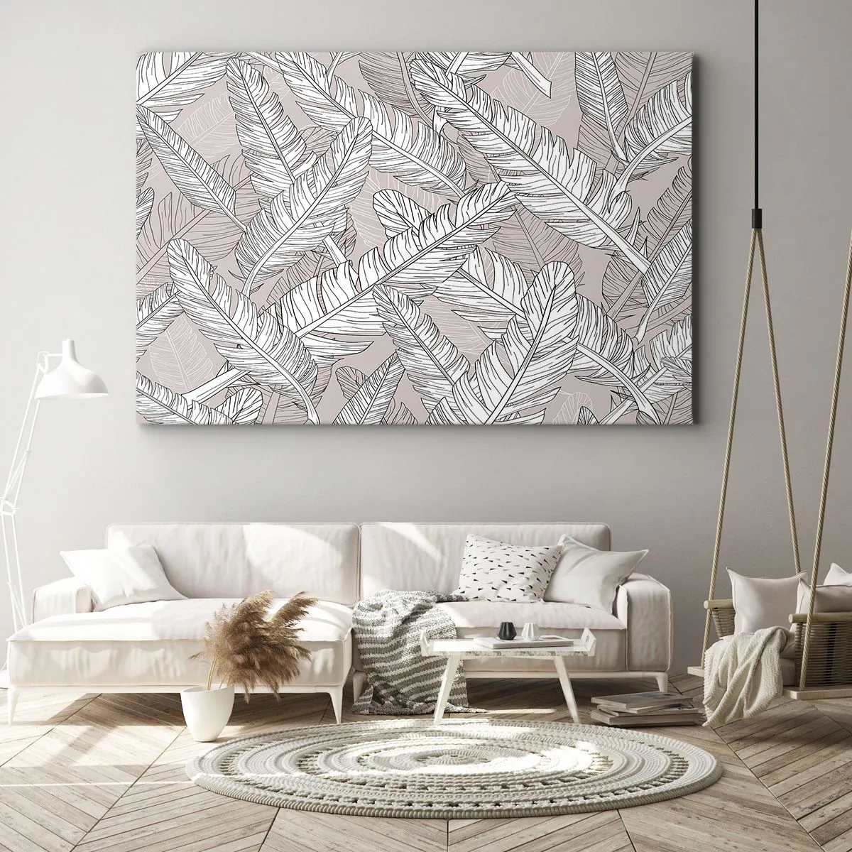 Canvas picture - Black and white pattern with banana leaves on a light background - 70x50cm - Storm of Feathers - Modern wall decoration for the living room and bedroom ARTTOR