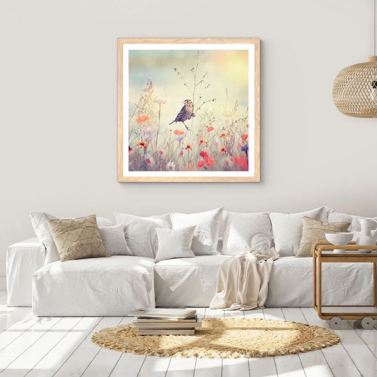Poster in light oak frame - Bird Portrait with a Meadow in the Background - 60x60 cm