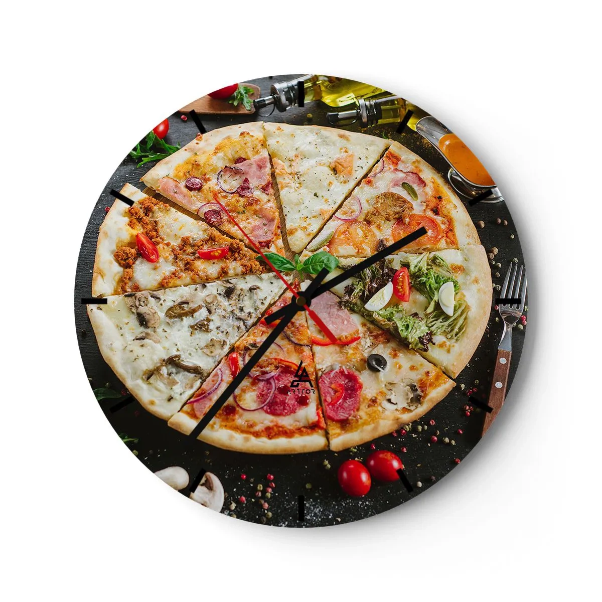 Wall clock - Clock on glass - Appetizing pizza with various toppings on a black background - 30x30cm - Range of Flavours - Modern wall decoration for the living room, kitchen, and bedroom ARTTOR