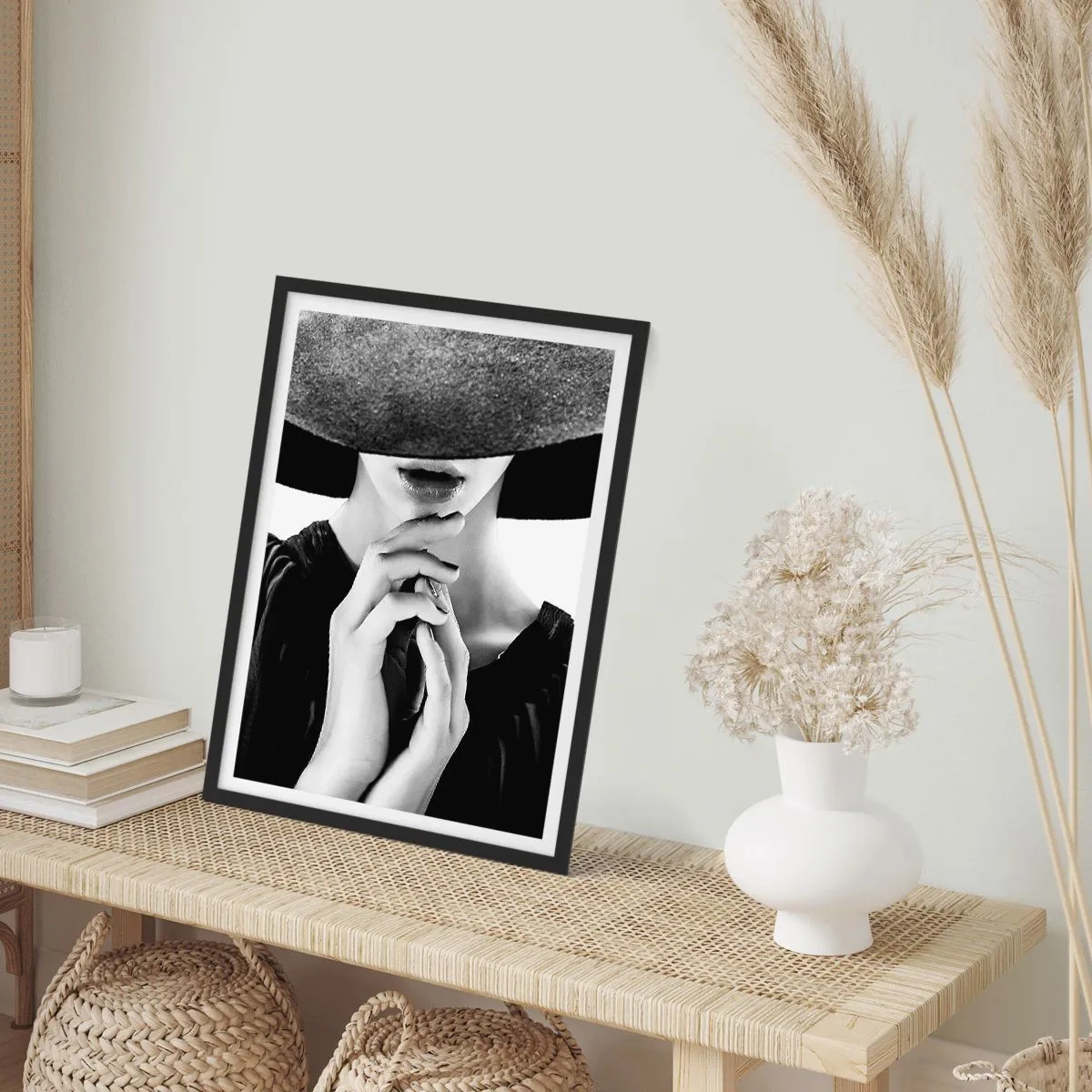 Poster in black frame - Black and white portrait of a woman wearing a hat with her face covered - 50x70cm - Hidden Beauty - Modern wall decoration for the living room and bedroom ARTTOR