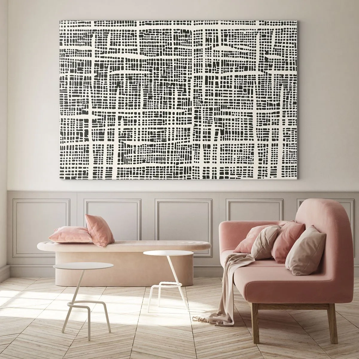 Glass picture - A black and white abstraction resembling a grid of dots. - 70x50cm - Woven Composition - Modern wall decoration for the living room and bedroom ARTTOR