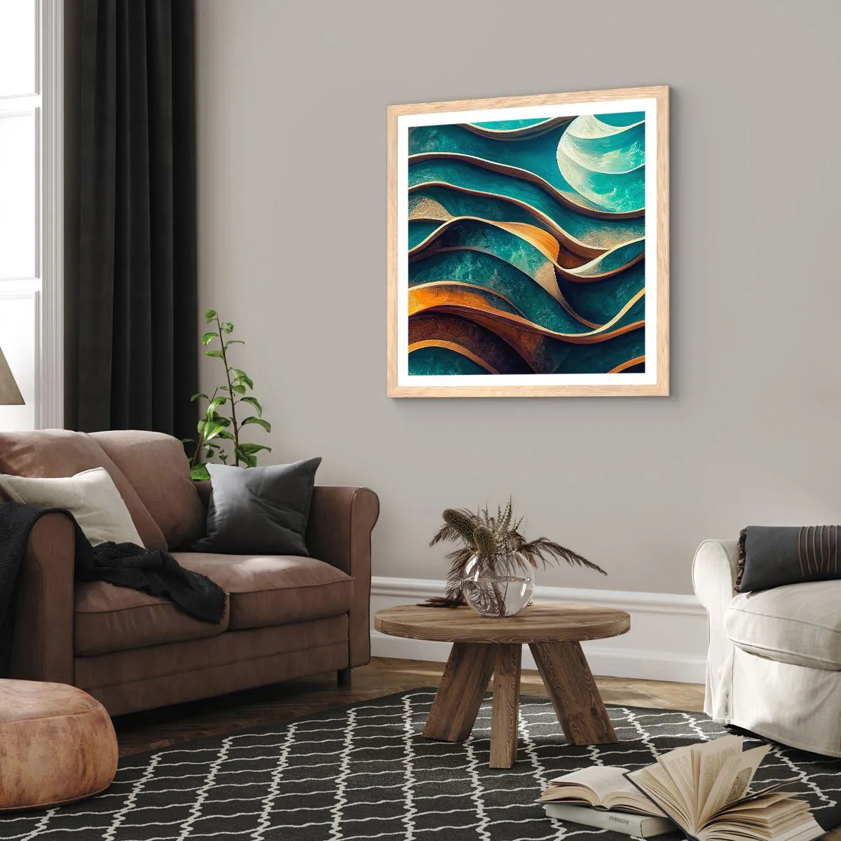 Poster in light oak frame - Meanderings of Blue - 50x50 cm