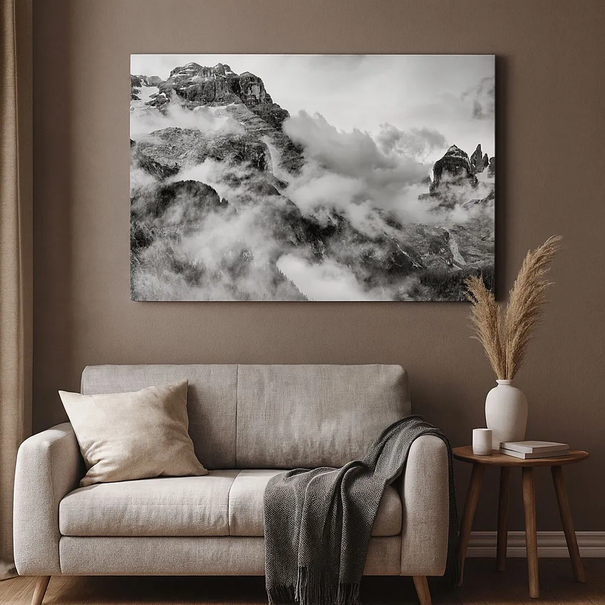 Canvas picture - Black and white view of mountains surrounded by clouds - 70x50cm - Beautiful and Cruel - Modern wall decoration for the living room and bedroom ARTTOR