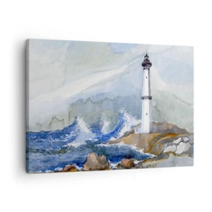 Canvas picture - A lighthouse on a rocky shore with a rough sea - 70x50cm - Against Darkness and Storm - Modern wall decoration for the living room and bedroom ARTTOR