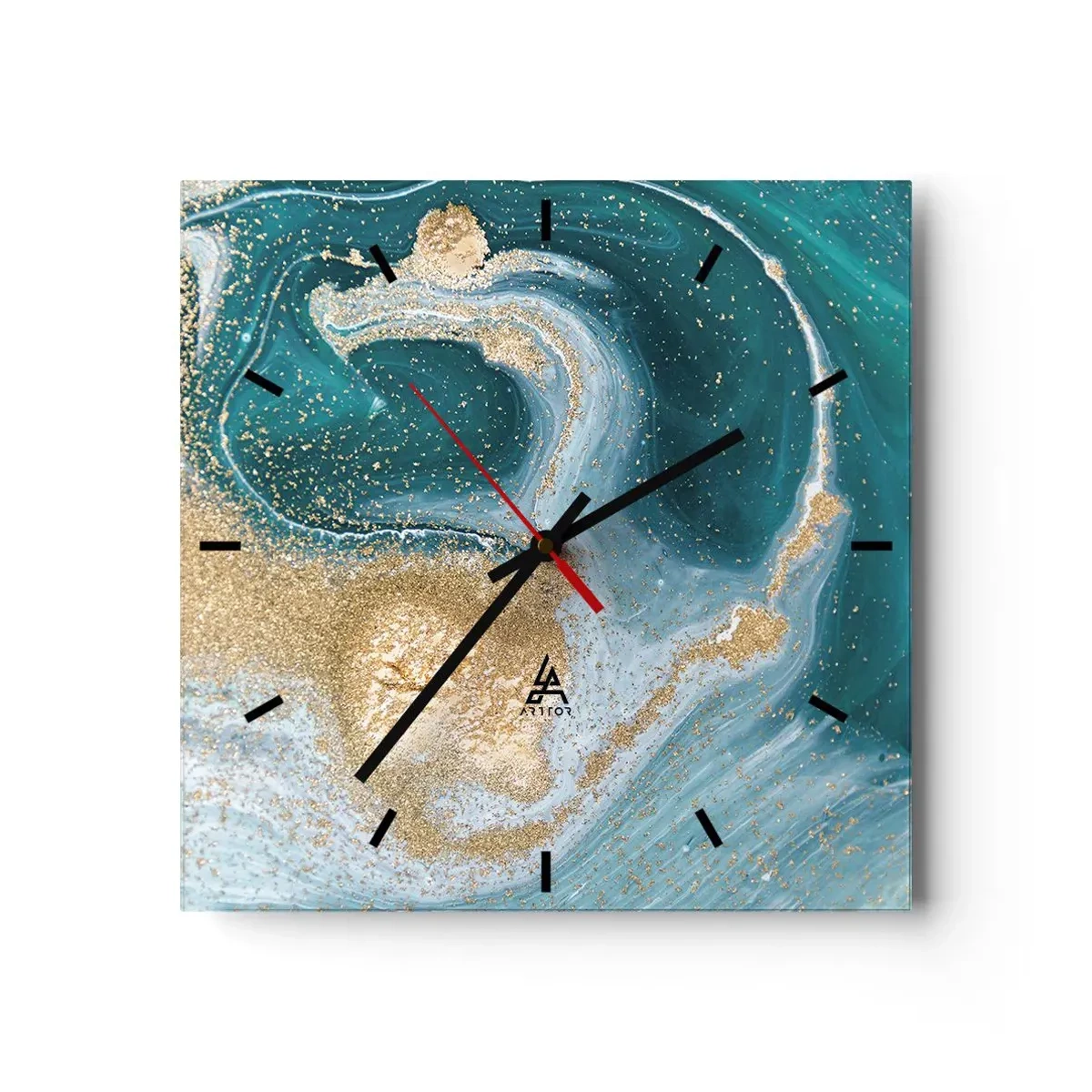 Wall clock - Clock on glass - Swirl of Gold and Turquiose - 40x40 cm