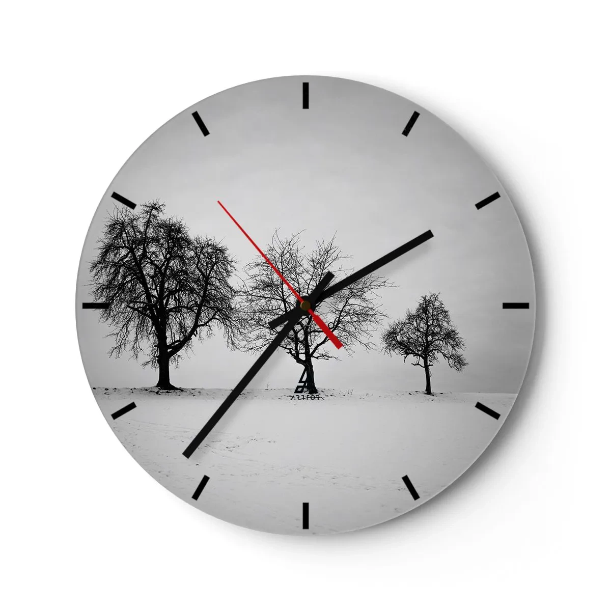 Wall clock - Clock on glass - Three lonely trees in a snowy field in black and white. - 30x30cm - What Are They Dreaming About? - Modern wall decoration for the living room, kitchen, and bedroom ARTTOR