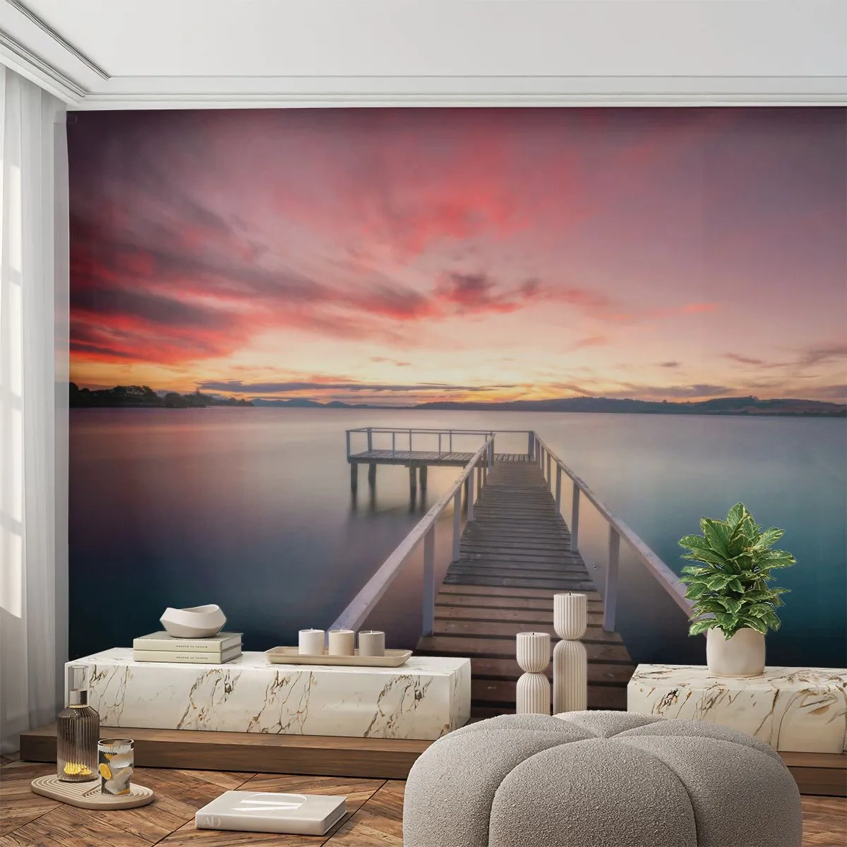 Photo Wallpaper Premium Canvas - Mild Flame of an Evening - Landscape, Sunset, Wooden Pier - 300x210 cm