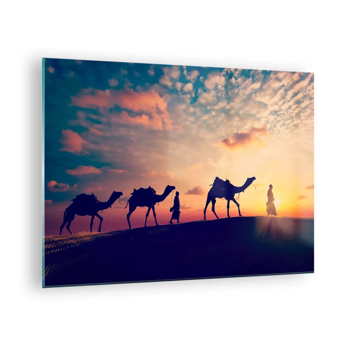 Glass picture - Camel caravan in the desert at sunset - 70x50cm - Mysterious Spirit of the Orient - Modern wall decoration for the living room and bedroom ARTTOR