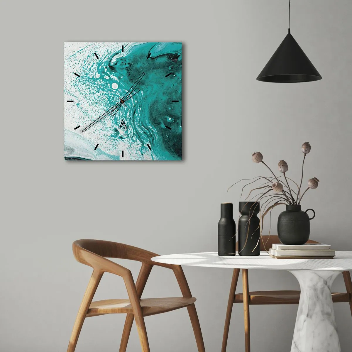 Wall clock - Clock on glass - Dissolving in White and Turquoise - 30x30 cm