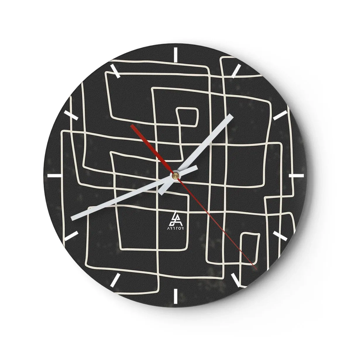 Wall clock - Clock on glass - White geometric lines forming an intricate grid on a black background. - 30x30cm - Not Too Straight - Modern wall decoration for the living room, kitchen, and bedroom ARTTOR