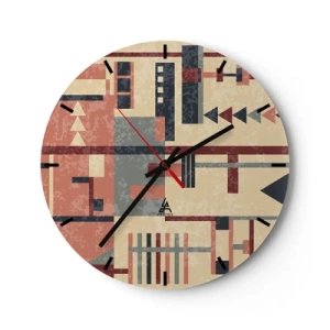 Wall clock - Clock on glass - Abstract geometric pattern in shades of beige, red and gray - 30x30cm - Combinations of Verticals and Horizontals - Modern wall decoration for the living room, kitchen, and bedroom ARTTOR