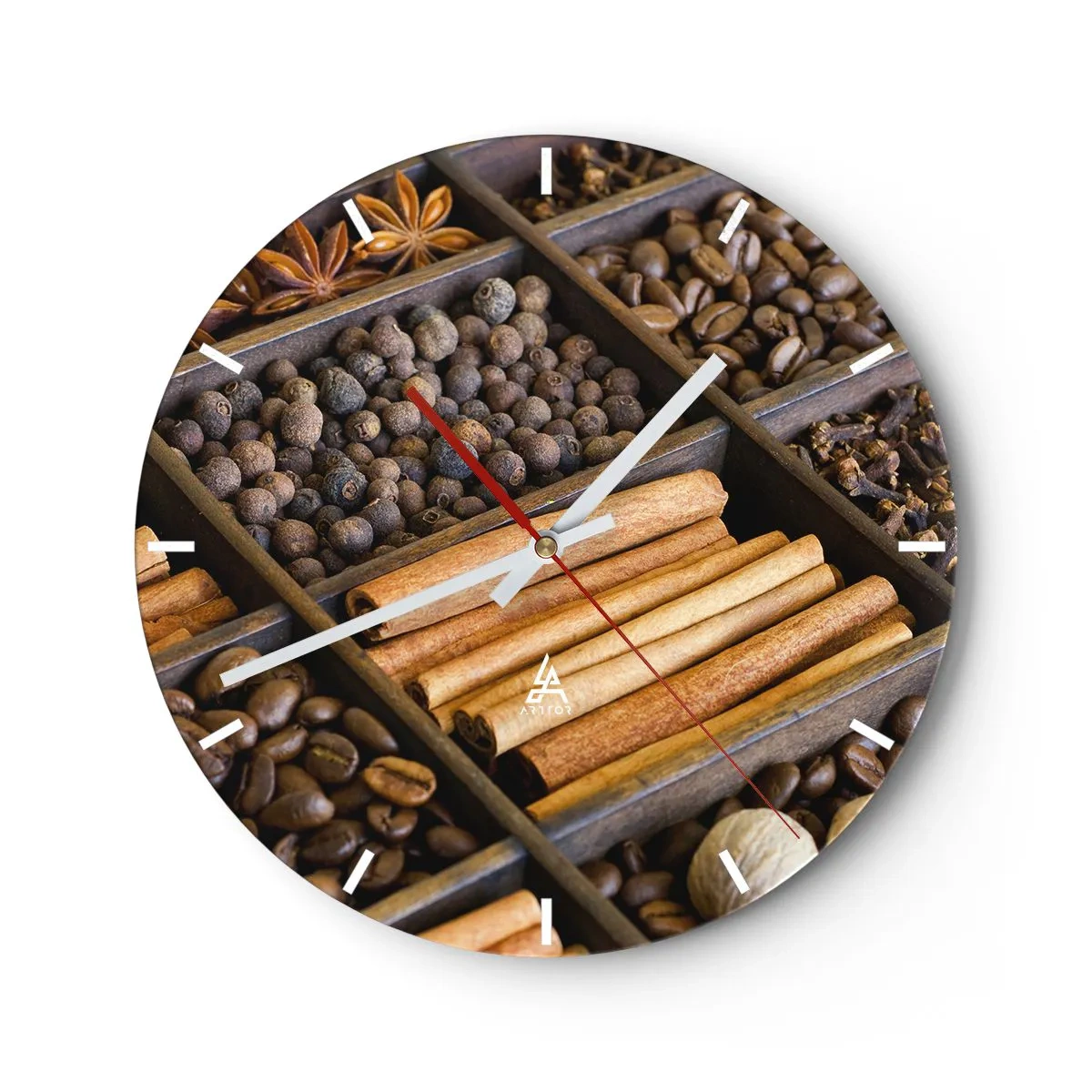 Wall clock - Clock on glass - Wooden partition with various spices and coffee - 30x30cm - Treasury of Aromas - Modern wall decoration for the living room, kitchen, and bedroom ARTTOR