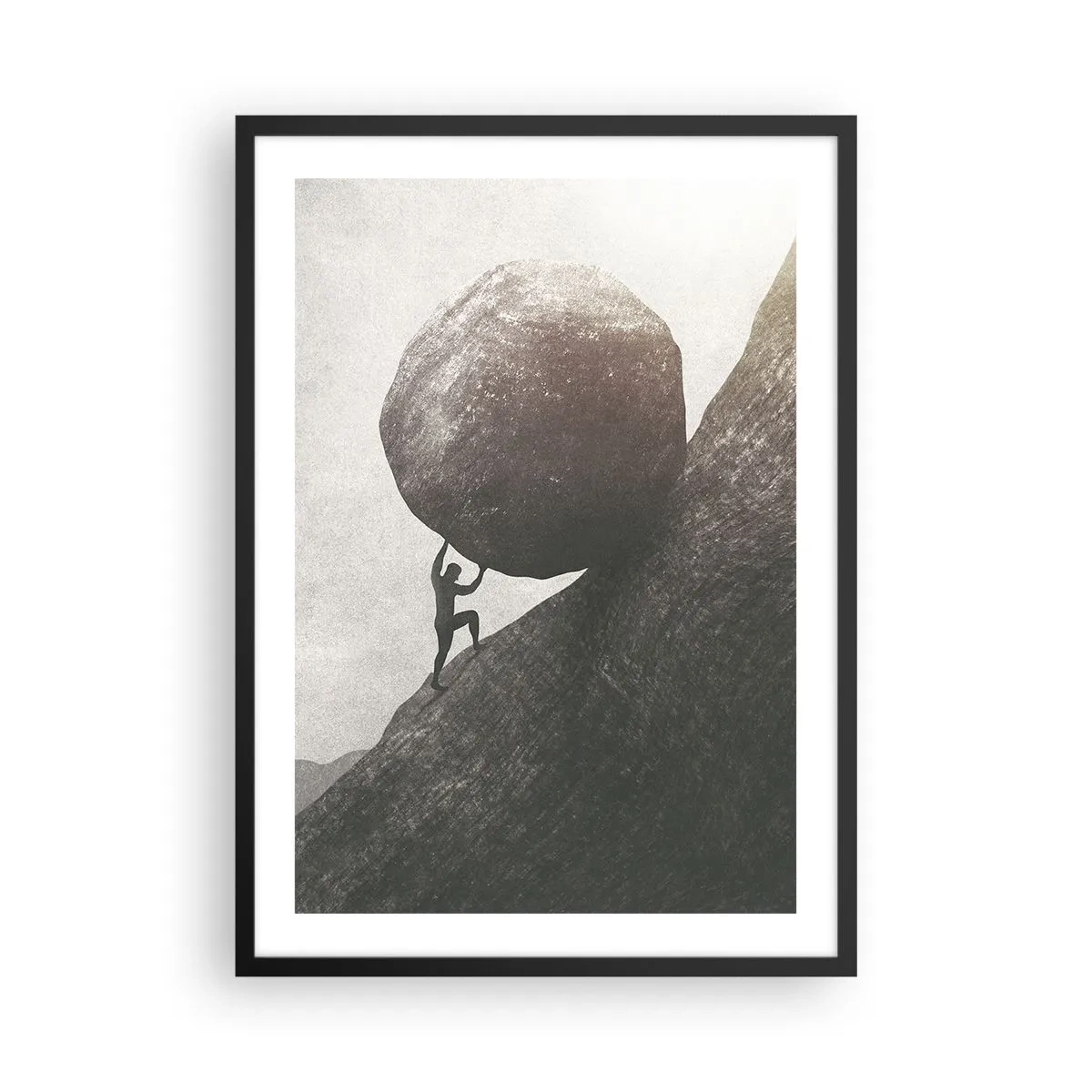 Poster in black frame - A symbolic figure carrying a boulder up a hill - 50x70cm - I Believe against Hope - Modern wall decoration for the living room and bedroom ARTTOR