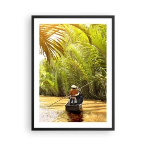 Poster in black frame - A traditional boat in a tropical palm forest lit by the sun - 50x70cm - Through a Palm Ravine - Modern wall decoration for the living room and bedroom ARTTOR